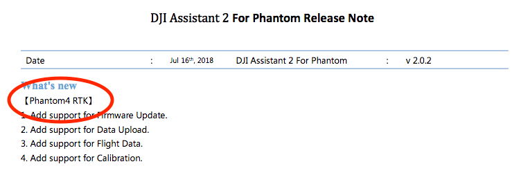 DJI hat sich verraten: In den Releasenotes von der Software DJI Assistant 2 steht schon die Unterstützung eines Phantom 4 RTK Modells, dass es offiziell noch nicht gibt.