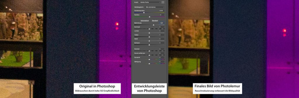 Hier sieht man gut (im Vergleich links gegen rechts), wie Photolemur auch Bildrauschen entfernt, das durch hohe ISO-Werte in dunklen Bereichen auftritt.