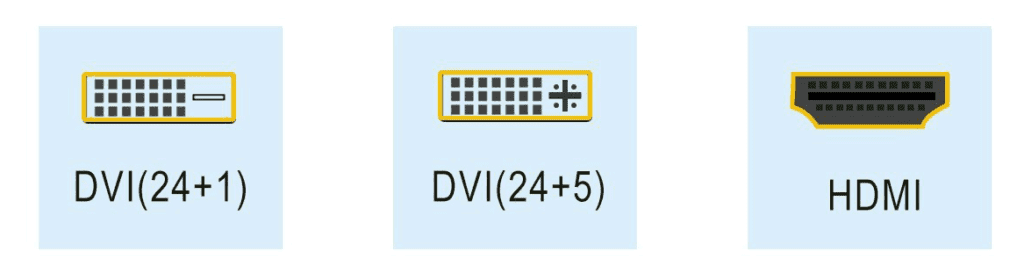 Unterschiede der DVI Stecker: DVI-D (24+1) oder DVI-I (24+5). Daneben findest du noch den HDMI-Stecker.