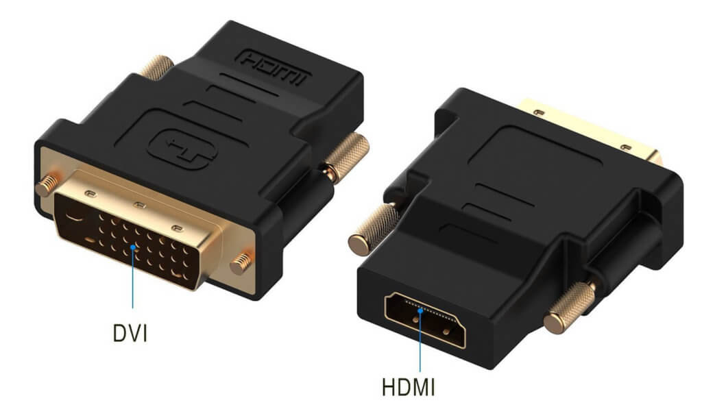 DVI- auf HDMI-Adapter, wie dieser hier von Rankie (siehe unten), weisen auf der einen Seite einen DVI-Stecker (hier DVI-D) und auf der anderen eine HDMI-Buchse auf.