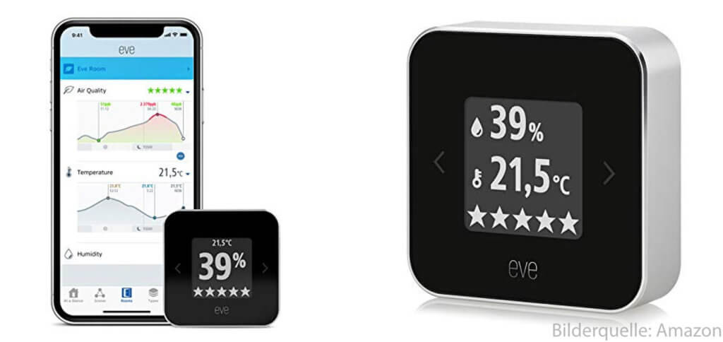 Das Elgato Eve Room aus 2018 lässt sich per HomeKit mit der Home App auf dem Apple iPhone koppeln.