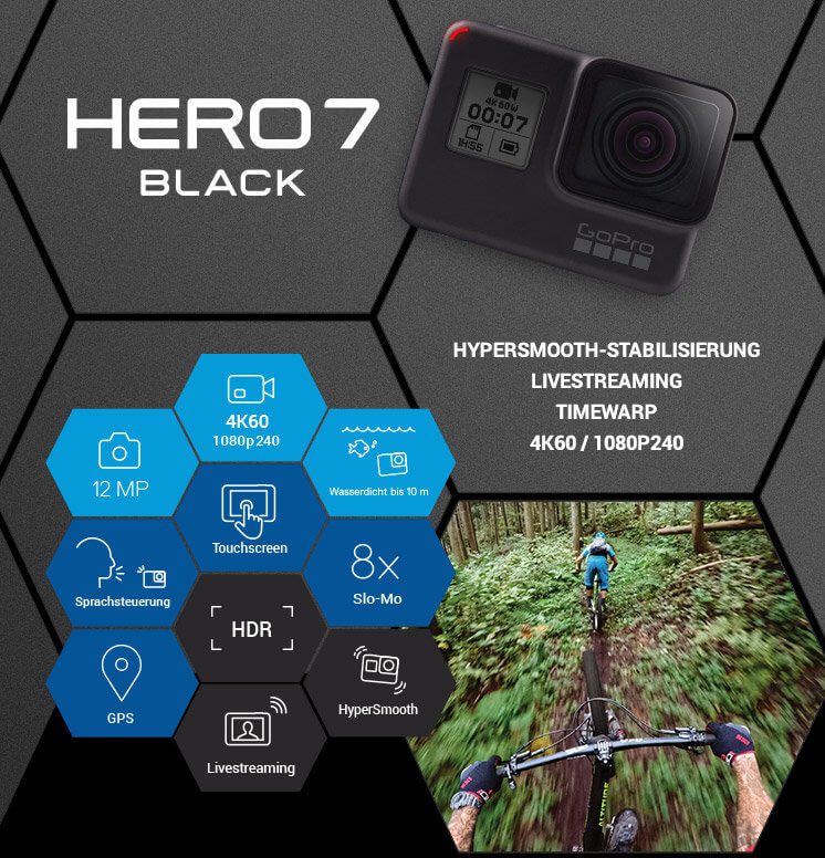 Die GoPro HERO7 Black ist DIE Profi-Action-Cam 2018! Mit Gimbal-ähnlicher Bildstabilisierung, Super Slo-Mo und weiteren coolen Features überzeugt sie auch anspruchsvollste Nutzer. Hero 7 Schwarz