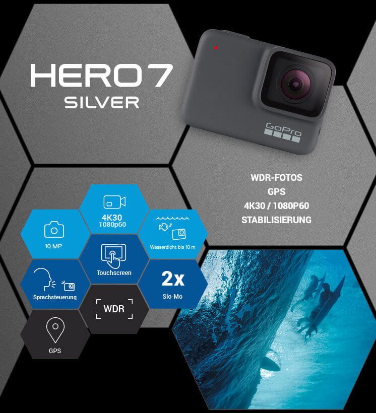 Mit der GoPro HERO7 Silver bekommt ihr schon mehr Leistung sowie weitere Funktionen. Hero 7 Silber