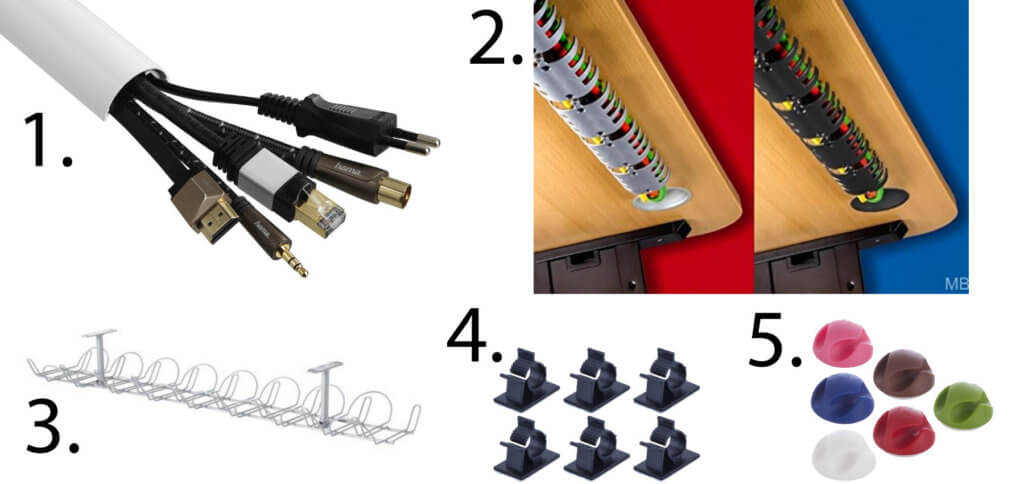 Kabelkanal, Kabelclips, Kabelablage oder Kabelspirale - die Kabelführung am Schreibtisch kann individuell realisiert werden.