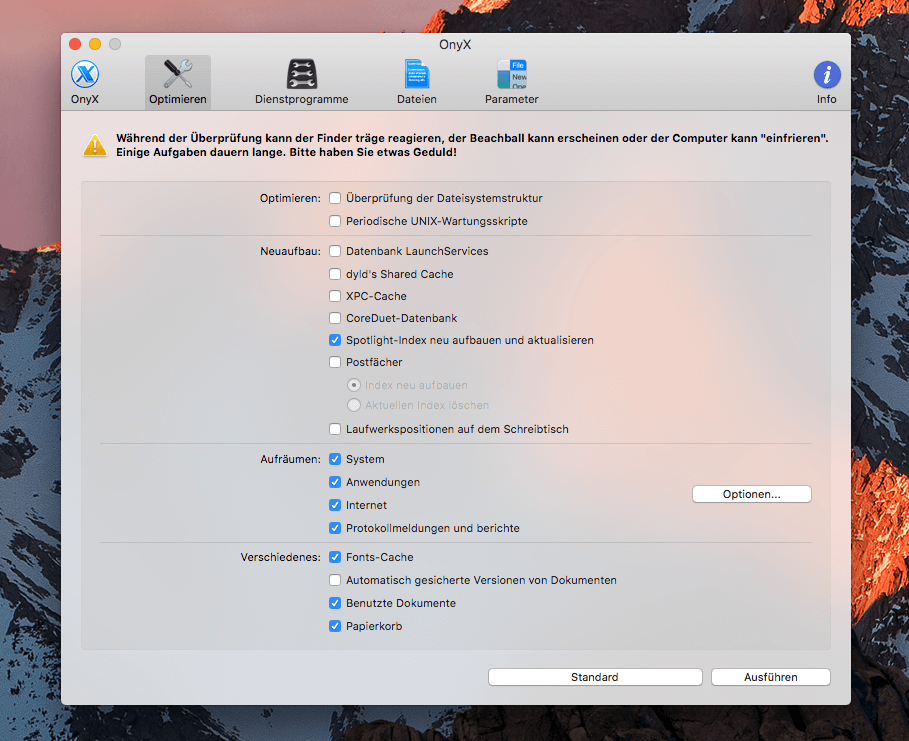 Auch in OnyX, einer App für die Bereinigung der Macintosh Festplatte, ist die Erneuerung der Spotlight-Indizierung möglich.