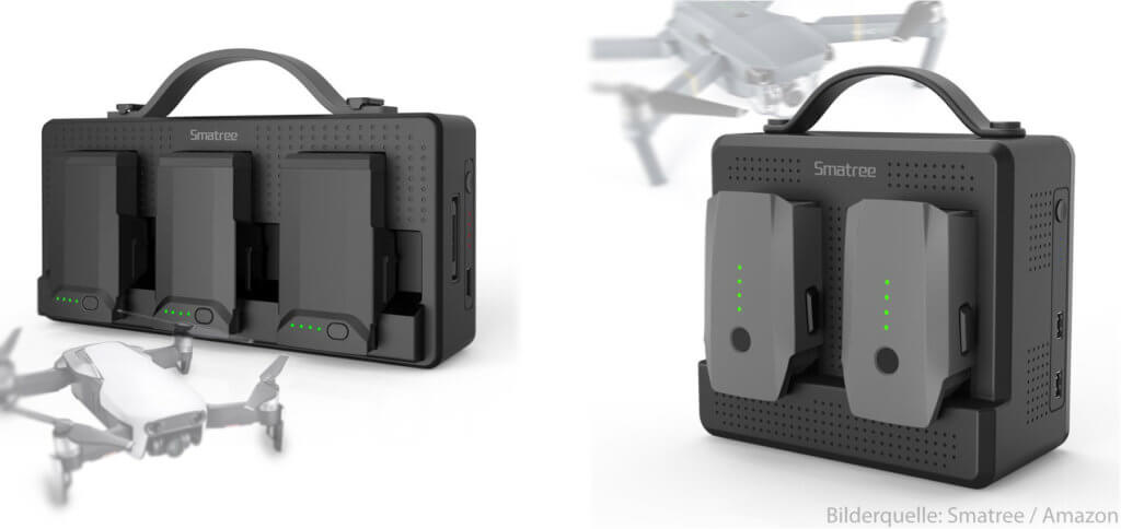 Die Smatree Ladestationen dienen als Powerbank für die DJI Intelligent Flight Battery von Mavic Air bzw. Mavic Pro (Platinum). Auch Smartphone, Tablet und Fernbedienung der Drohnen können damit mobil aufgeladen werden.