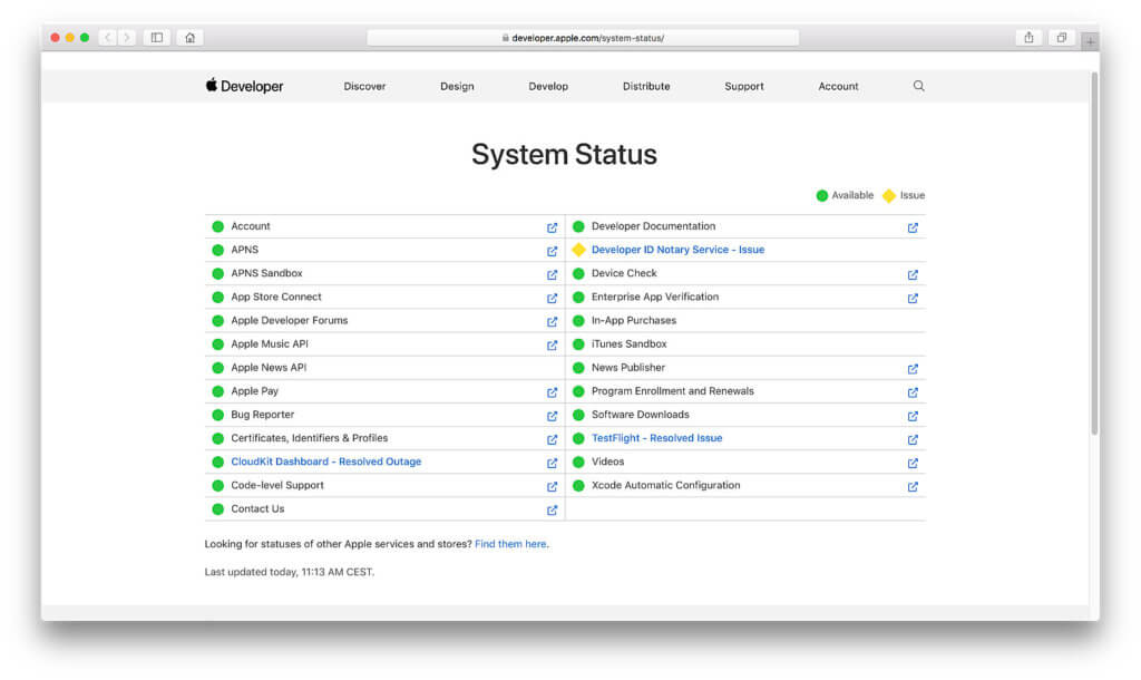 Der System Status ist das Äquivalent des obigen Angebots, allerdings speziell für die Entwickler-Dienste und Developer Tools von Apple.