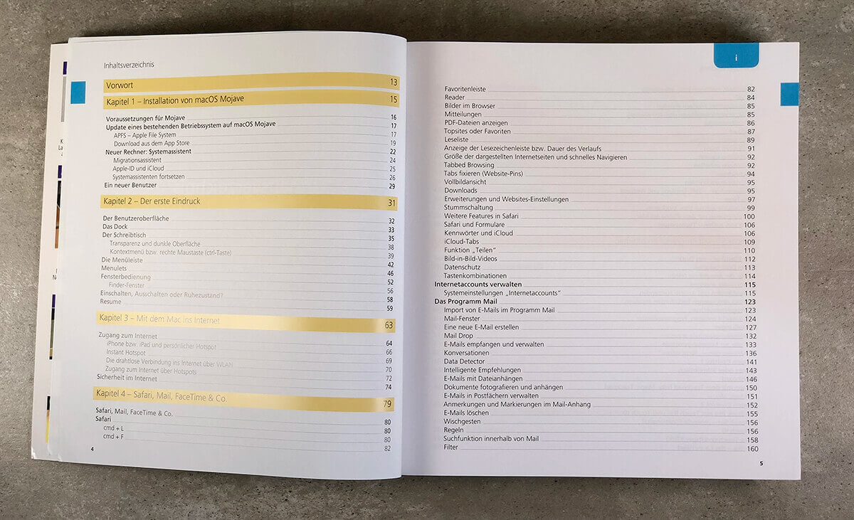Das Mojave Handbuch von Anton Ochsenkühn hat alleine 9 Seiten, die das Inhaltsverzeichnis ausmachen – man sieht: Hier steckt viel Inhalt im Buch.