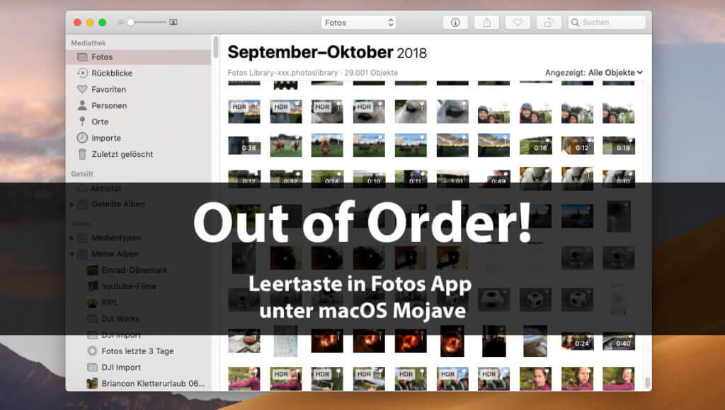 Seit dem Update auf macOS Mojave funktioniert die Leertaste nicht mehr, um sich schnell ein Foto in der Fotos App anzuschauen und wieder zu schließen.