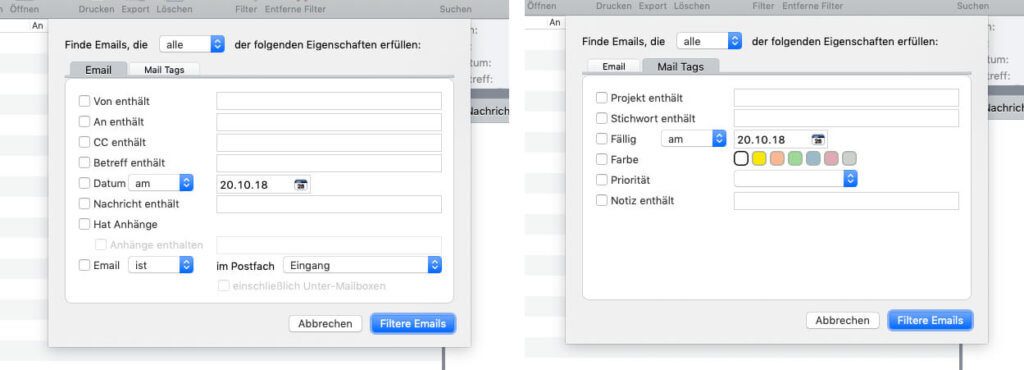 Die Filtermöglichkeiten im Mail-Viewer-Fenster.