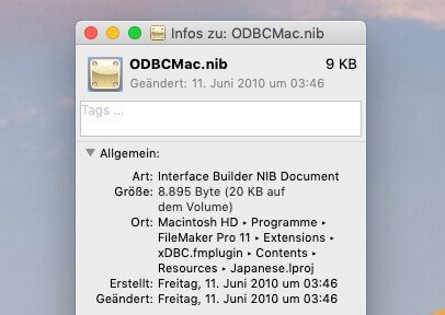 Öffnet man die Informationen zu einer NIB-Datei, sieht man bei mir, dass die Datei aus 2010 stammt. 
