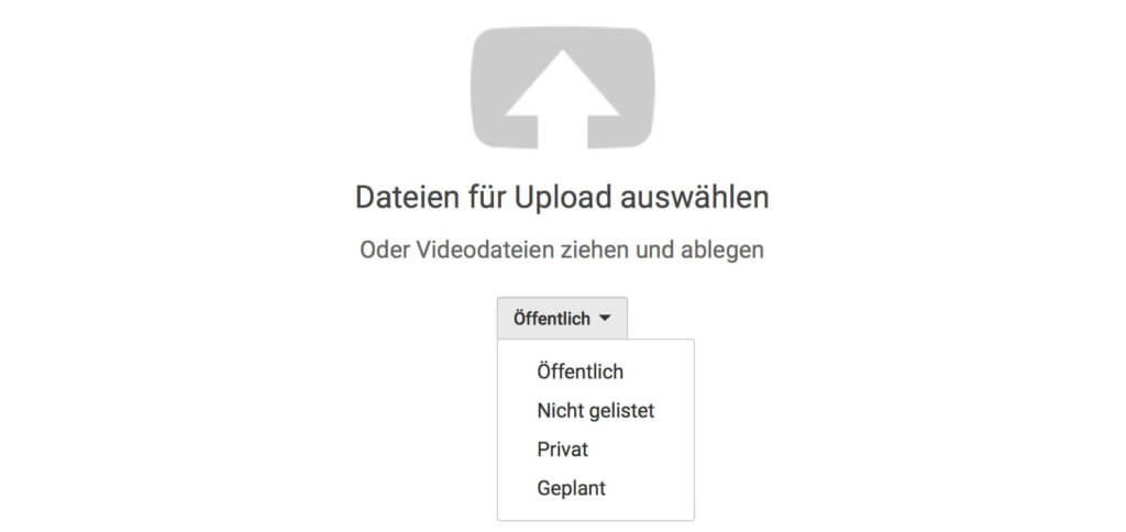 Schon vor dem Video-Upload, also vor der Auswahl der hochzuladenden Datei könnt ihr bei YouTube zwischen „Öffentlich“, „Nicht gelistet“, „Privat“ und „Geplant“ wählen.