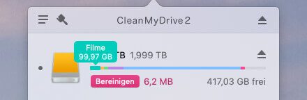 Die Infos, die man über CleanMyDrive über alle angeschlossenen Volumes erhält, sind sehr hilfreich. Sogar die Dateiarten werden grob aufgeführt, wenn man mit dem Mauszeiger über die farbigen Balken fährt.
