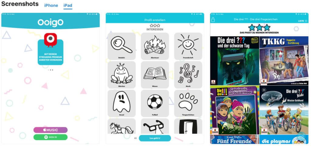 Mit der Ooigo App lassen sich kinderleicht und nach Interessen sortiert Kinderhörspiele, Hörbücher und Musik für Kinder finden.