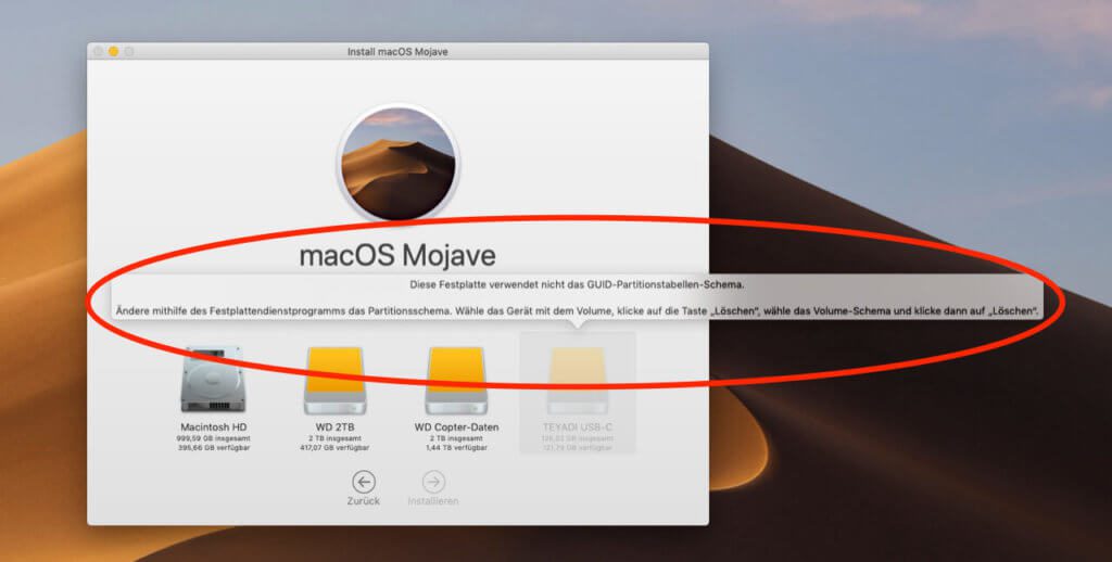macOS Mojave läßt sich nur installieren, wenn die Festplatte das GUID-Partitionstabellen-Schema verwendet.
