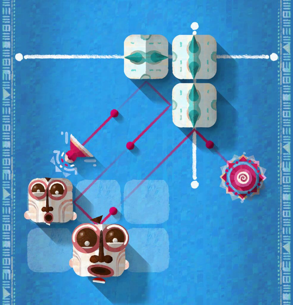 Hier ein Screenshot von einem Level aus ELOH: Mit den Schiebeelementen und den beweglichen Masken müssen die Kugeln in den Kreis befördert werden.