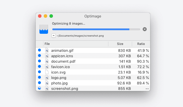 Das Interface von Optimage ist simpel: Man wirft per Drag and Drop ein oder mehrere Fotos auf das Fenster und klickt auf den Button. Schon werden die Originale durch die optimierten Versionen ersetzt.