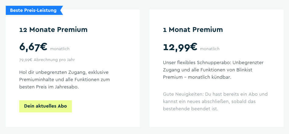 Die Preise für Blinkist-Premium im Monats- oder Jahresabo. Der Screenshot ist vom Januar 2019.