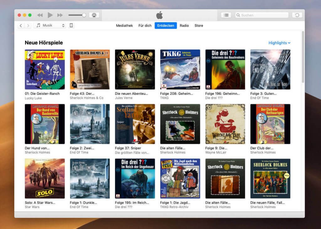 Die Auswahl an Hörbüchern und -spielen hat bei Apple Music rasant zugenommen. Hier ein aktueller Screenshot von iTunes an meinem MacBook Pro.