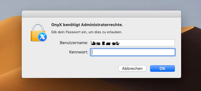 Nach dem Start verlangt OnyX das Passwort eines Administrators.
