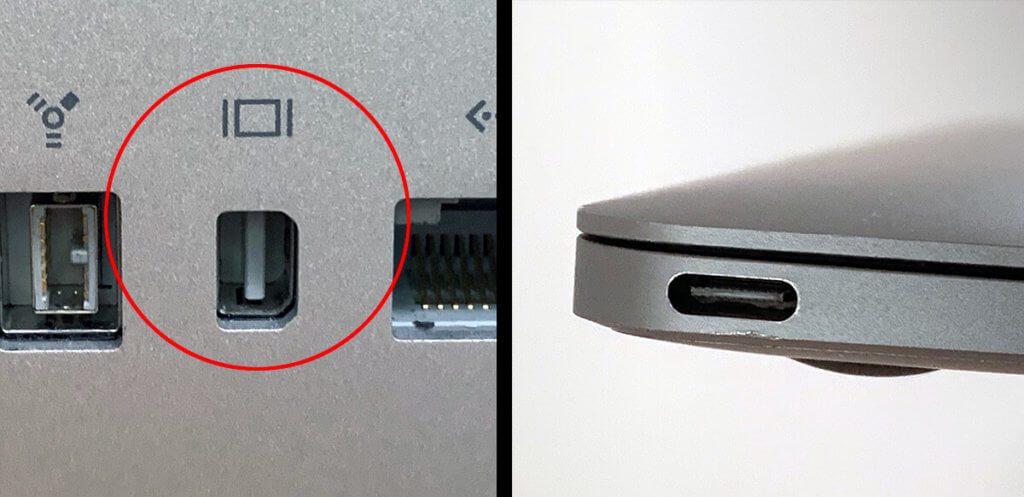 Die alten iMacs verfügen in der Regel über den Mini-Displayport(links im Foto), während die neuen Mac-Modelle mit USB-C-Ports (rechts) ausgestattet sind. Die beiden unten genannten Möglichkeiten sollten hier für die passende Verbindung sorgen (Foto: Sir Apfelot).