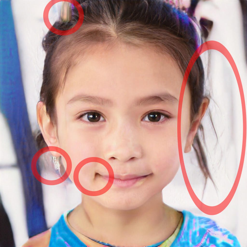 Die Mundwinkel-Falte, der noch zu erkennende Ohrring und die verschwommenen / verwischten Haare zeigen, das etwas mit dem Bild nicht stimmt.