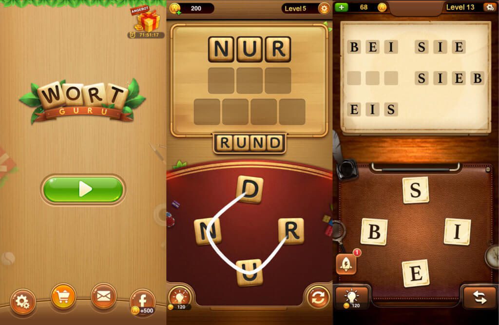 Der Wort Guru Startbildschirm und zwei Levels in zwei Designs als Beispiel für die iOS-App.