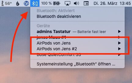 An Mac-Modellen werden die AirPods wie andere Bluetooth-Kopfhörer auch über die Systemeinstellungen (Bluetooth) hinzugefügt.