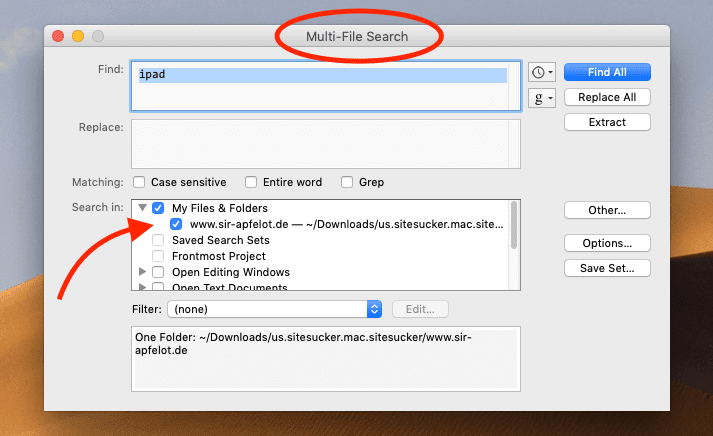 Mit der Multi-File-Search-Funktion von BBEdit lassen sich ganze Ordner nach Vorkommnissen eines Wortes durchsuchen. Wichtig: Case Sensitive nicht anhaken.