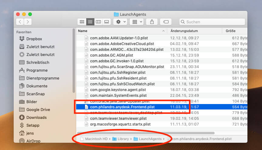 Im Ordner /Library/LaunchAgents/ findet man die PLIST-Datei von AnyDesk, in der festgelegt wird, ob das Programm beim Neustart des Mac mit startet.