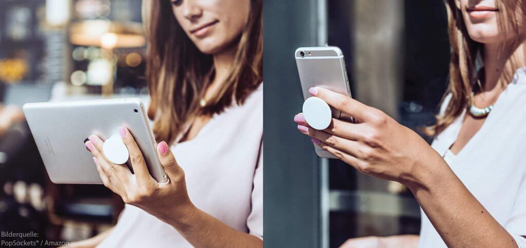 Neuer Trend für 2019: PopSockets® für Smartphone und Tablet. Die Halterung kann zusammengedrückt und bei Bedarf ausgefahren werden.