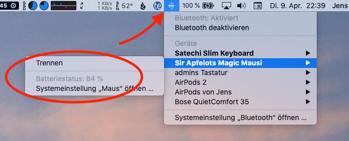Am Beispiel der Apple Magic Mouse kann man hier sehen, dass der aktuelle Akkustand im Bluetooth-Menulet angezeigt wird.