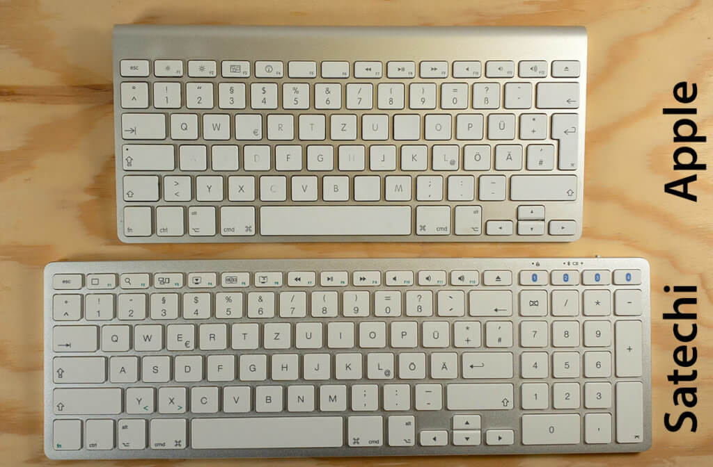 Hier sieht man das Apple Magic Keyboard (oben) im direkten Vergleich zur Satechi-Tastatur mit Nummernblock.