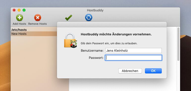 Wenn man die Änderungen in HostBuddy speichert, wird automatisch der DNS-Cache erneuert, wofür der Mac das Admin-Passwort möchte.