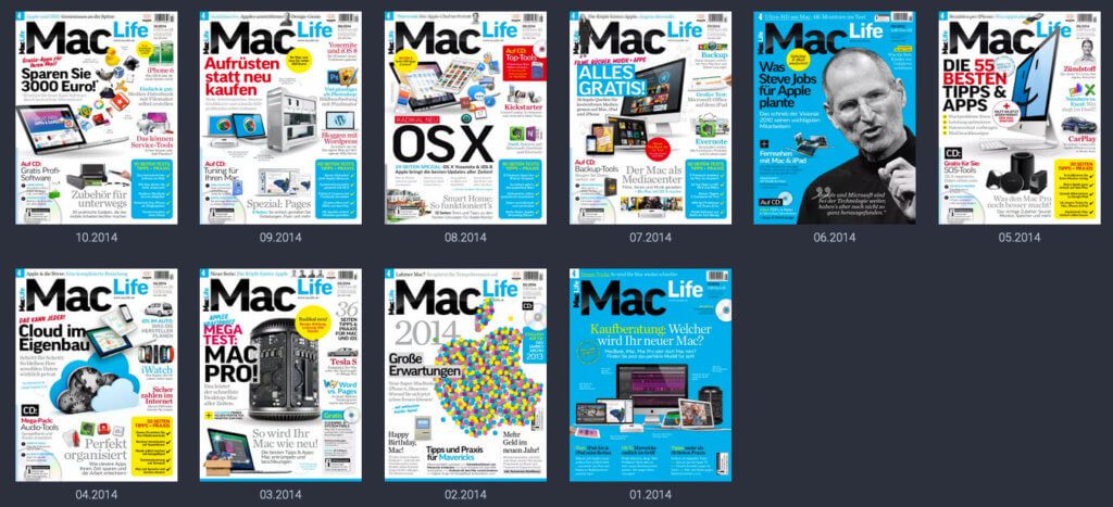 Das Archiv der Zeitschriften reicht viele Jahre zurück. Bei der Mac Life ist die erste Ausgabe die 01/2014.