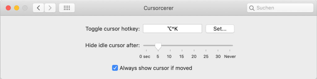 Screenshot von Cursorcerer 2.0 unter macOS 10.14 Mojave – hier seht ihr die beschriebenen Einstellungen.