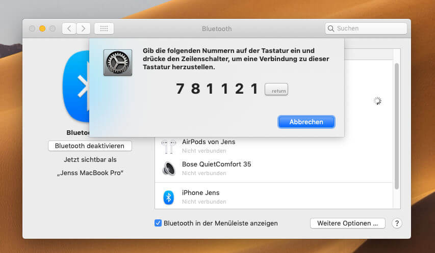 Nach dem EIntippen der Nummer ist die Satechi-Tastatur per Bluetooth mit dem Mac verbunden.