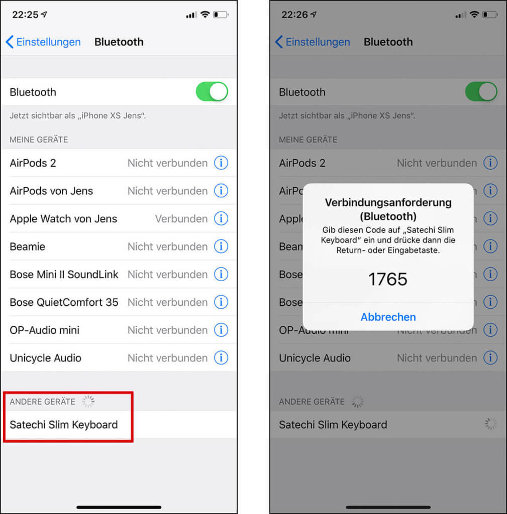 Die Kopplung der Tastatur mit dem iPhone oder iPad geht sehr einfach über die Bluetooth-Einstellungen des iOS-Geräts.