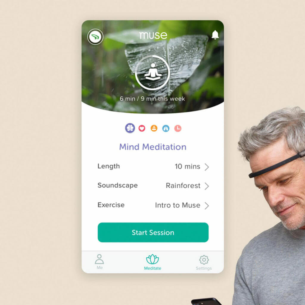 Über die App lassen sich Meditationen starten und man bekommt eine Rückmeldung, wie gut eine Meditations-Session lief.