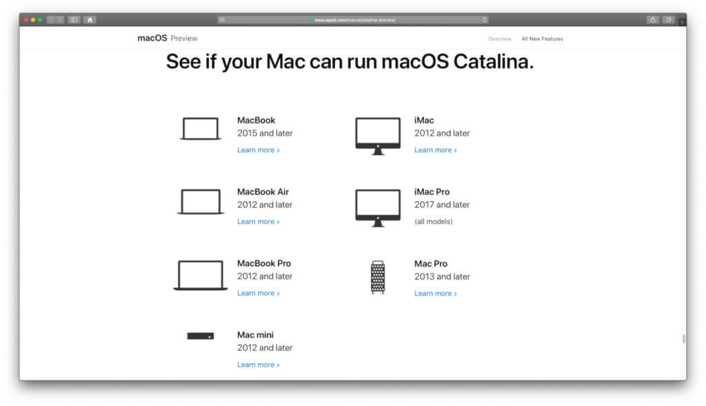 Mit macOS 10.15 Catalina kompatible Mac-Modelle von Apple. Auf der Preciew-Seite zum Betriebssystem gibt's eine Liste der Geräte.