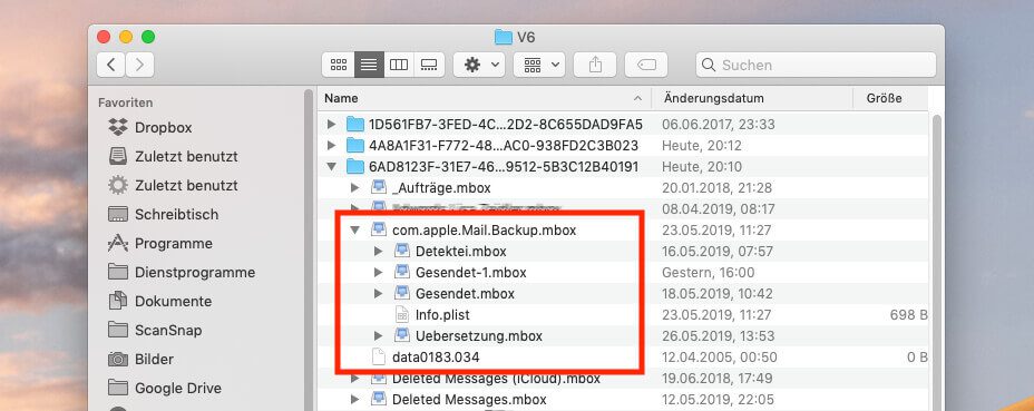 In den Unterordnern von Library/Mail/V6/ findet man die entsprechenden Dateien für die lokalen Ordner in Apple Mail.