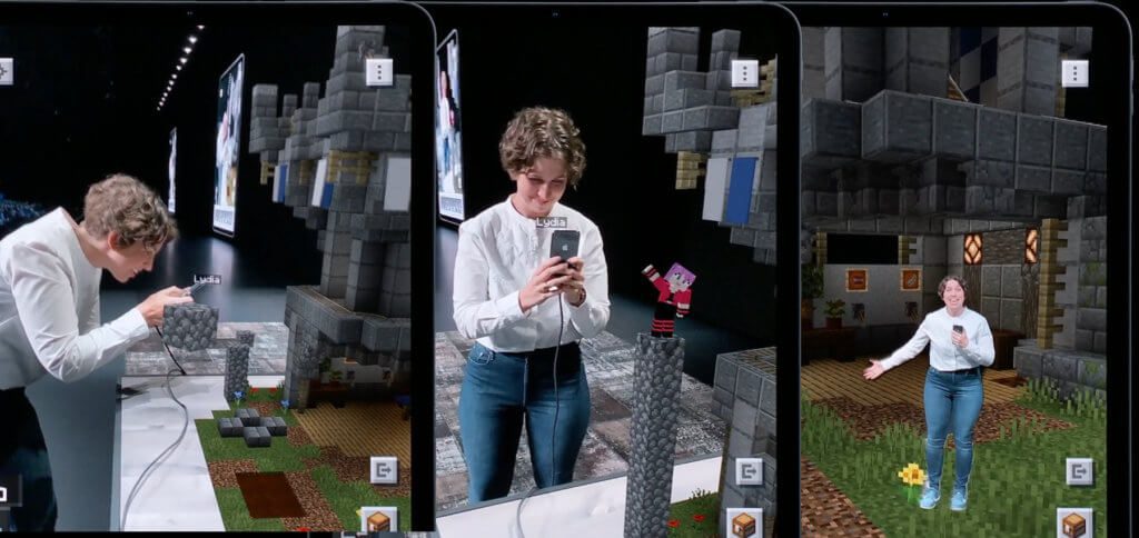 Die Vorführung von Minecraft Earth, das dank ARKit 3 nicht nur Motion Capturing einsetzen, sondern auch Personen in einer 3D-Welt zwischen Objekt-Ebenen setzen kann.