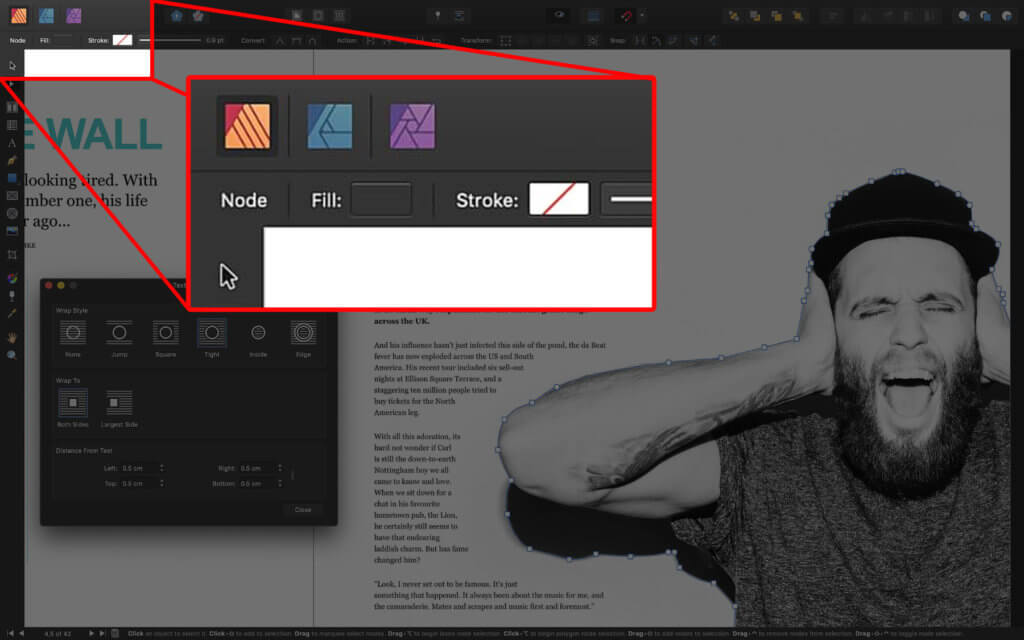 Studio Link verbindet die drei Affinity Apps Publisher, Photo und Designer, sodass Änderungen an Grafiken und anderen Elementen direkt im Dokument vorgenommen werden können.