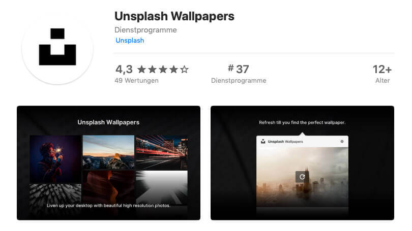 Die Unsplash Wallpapers App ist nich schlecht bewertet. Nur die fehlende Unterstützung für mehrere Displays ist ein Kritikpunkt.