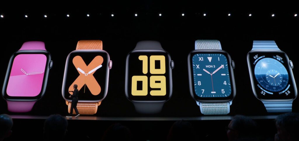 Die 5 neuen Apple Watch Faces: Gradiant, Numeral, Digital, California Dial und Solar.