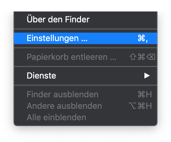 Dateiendungen im Mac Finder anzeigen lassen – wählt dazu den Finder oder macOS Schreibtisch aus und klickt in der Menüleiste auf Einstellungen...