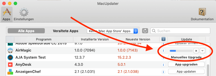 Startet man mehrere Updates hintereinander, erledigt MacUpdater diese nach und nach und zeigt den Fortschritt immer neben der App an, die gerade ein Update erhält.