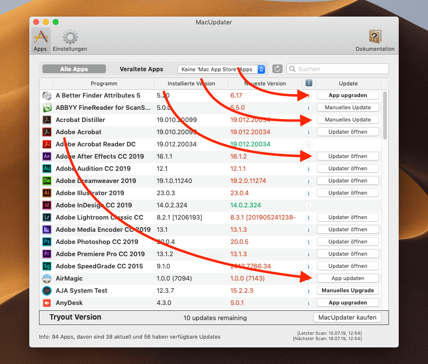 Im Hauptfenster von MacUpdater findet man alle gescannten Apps und kann nach vorhandenen Aktualisierungen filtern. Hier sieht man auch die vier unterschiedlichen Buttons, die je nach Update zur Verfügung stehen.