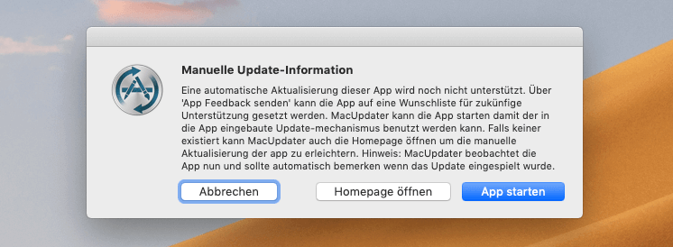 Sofern die App derzeit noch nicht von MacUpdater unterstützt wird, findet man den Hinweis, dass es sich um ein manuelles Update handelt. Dazu offeriert MacUpdater aber noch den Link zur Homepage der Software, um das Update möglichst einfach zu gestalten.