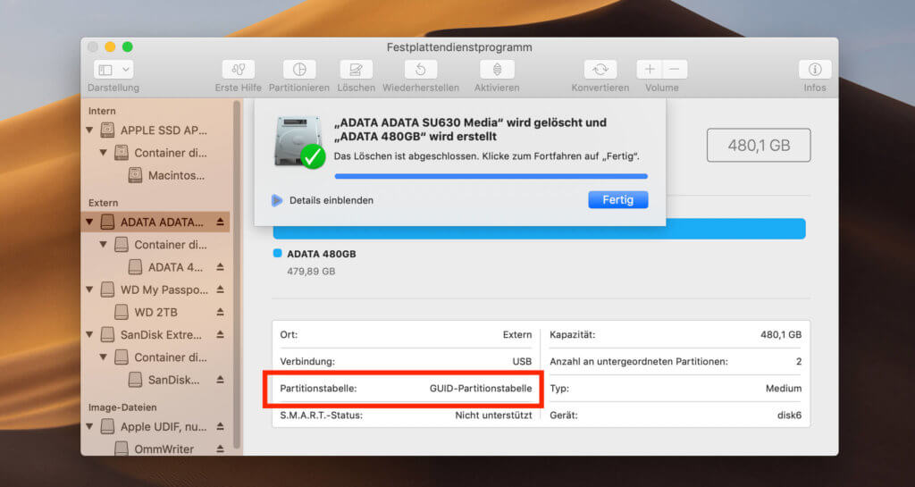 Vor der Verwendung der ADATA SSD sollten Mac-Benutzer das Laufwerk auf APFS formatieren.